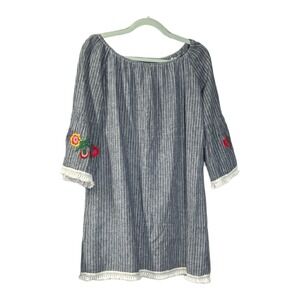 Beach Lunch Lounge Womens Small Petite Blue Lined Dress Embroidered Off Shoulder